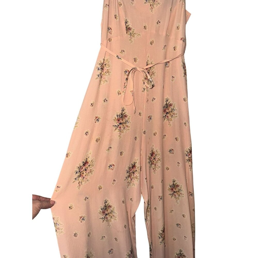 90s Betsy Johnson Floral Pink Sleeveless Wide-Leg Jumpsuit With Waist Tie romper - Picture 2 of 8